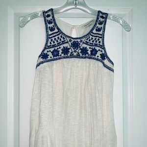 White Tank Blouse w/ Blue Embroidered Neck